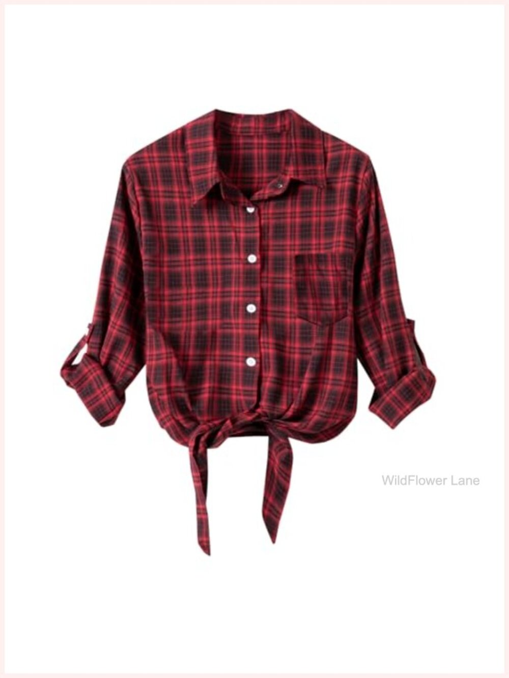 Womens Tie Front Buffalo Plaid Button Down Shirt Roll Up Sleeve
